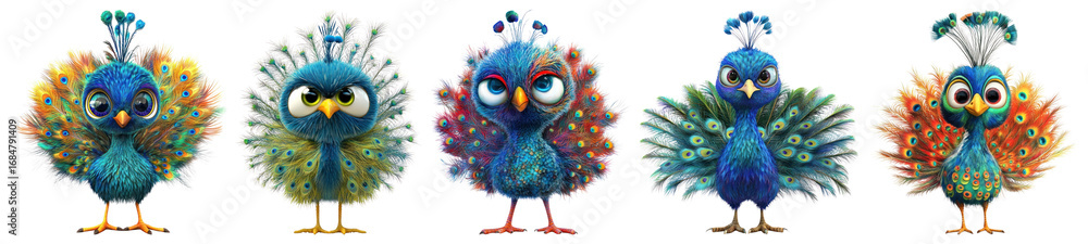 Obraz premium PNG Colorful animated peacock characters, element set on transparent background