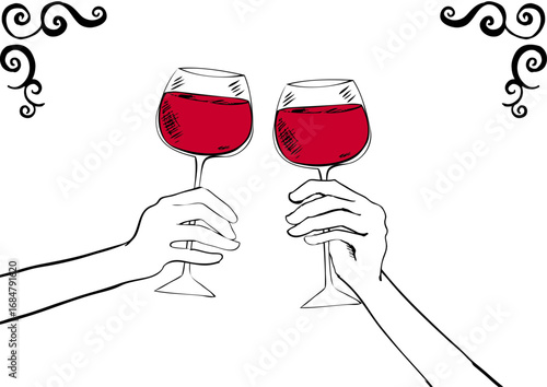 手描き線画　二人で赤ワインで乾杯するイラス ト　Cheers in Line Art Series:Hand-drawn Line Drawing of Two People Toasting with Red Wine