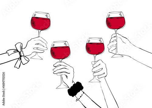手描き線画　大勢で赤ワインで乾杯するイラストCheers in Line Art Series:Hand-drawn line drawing Illustration of a Group of People Toasting with Red Wine
