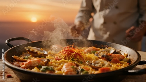 Chef preparing a steaming seafood paella at sunset