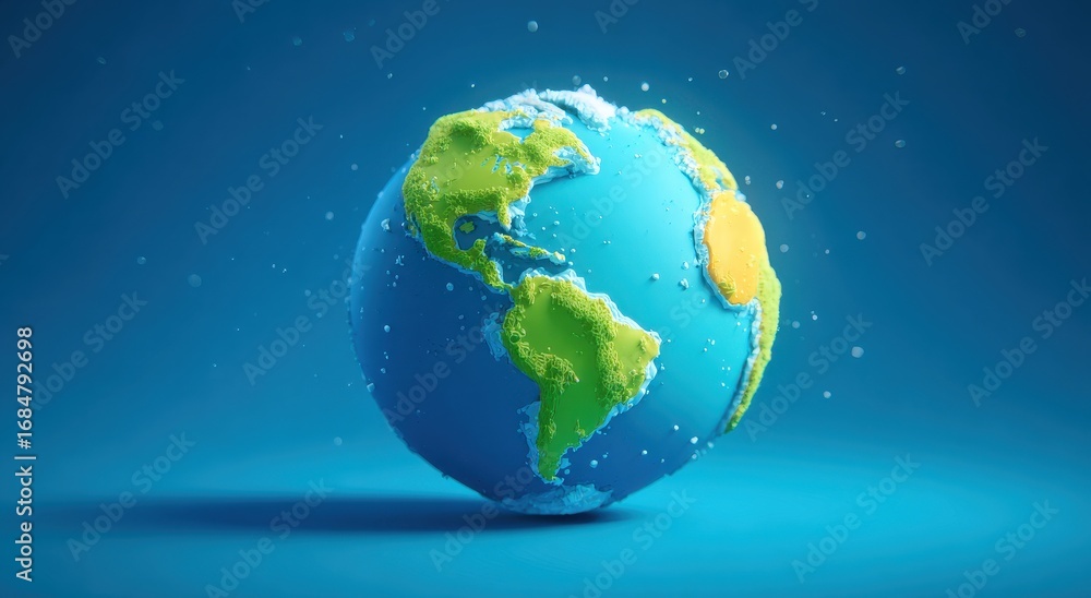 Fototapeta premium Colorful 3D globe model showcasing continents and lush vegetation against a starry background