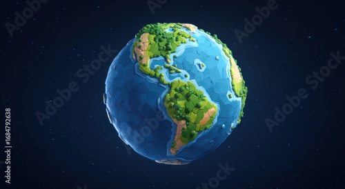 Colorful 3D globe model showcasing continents and lush vegetation against a starry background