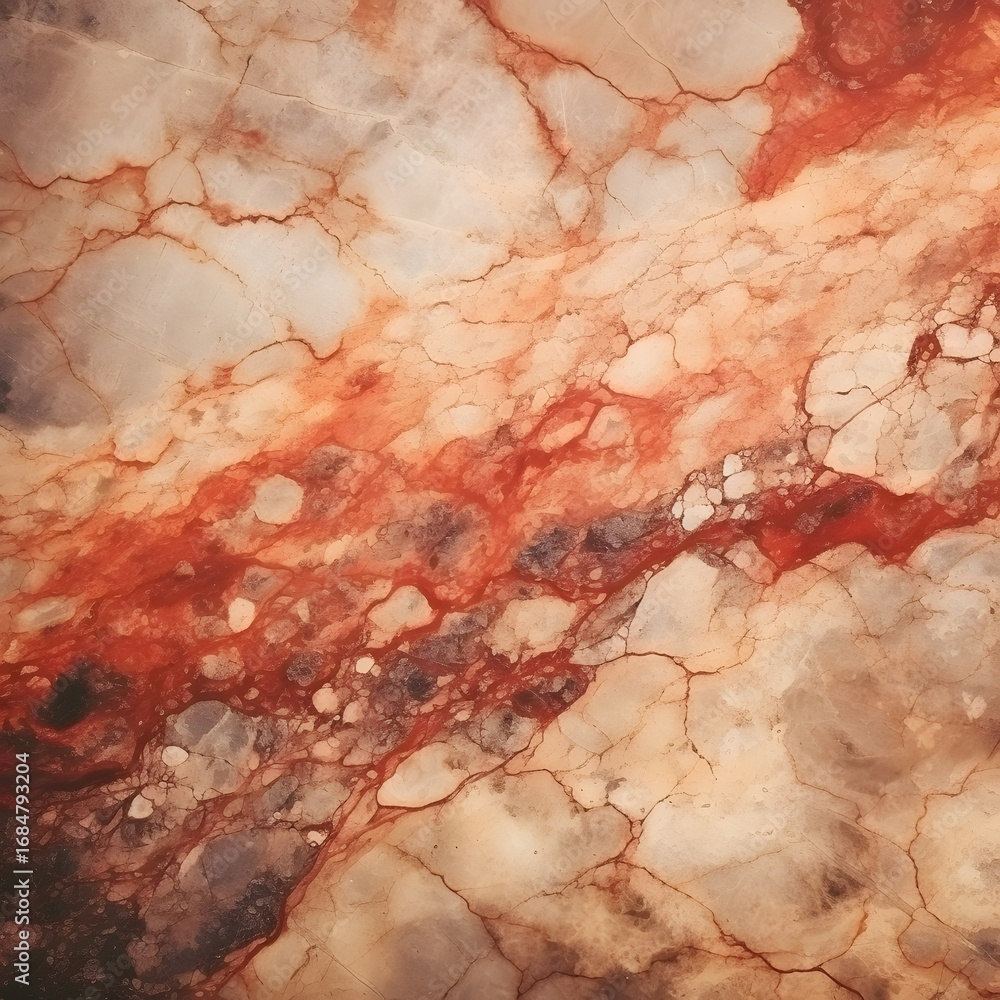 Fototapeta premium Warm marble stone texture with natural red and beige veins, high-resolution abstract surface ideal for backgrounds, luxury interiors and product design.