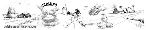 Detailed black and white farm vector drawings featuring barns, tractors, livestock, and hands planting seeds. Perfect for agricultural themes, vintage designs, rural life posters, and organic food bra