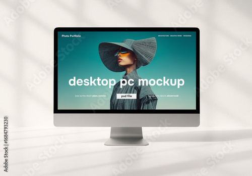 Clean front view desktop screen mockup on white background wall