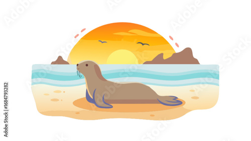 Illustration of a seal lying on a beach with a sunset and birds flying in the background scene view