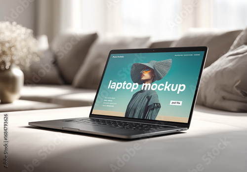 Living room interior laptop mockup