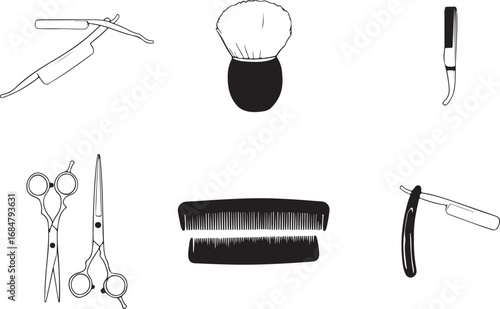 Barber tools collection featuring razor scissors comb shaving brush and mustache brush showcasing traditional grooming equipment