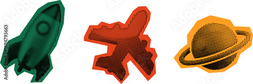 Stylized icons depicting a rocket, airplane, and planet, suggesting travel and space exploration. Halftone effect vector style.