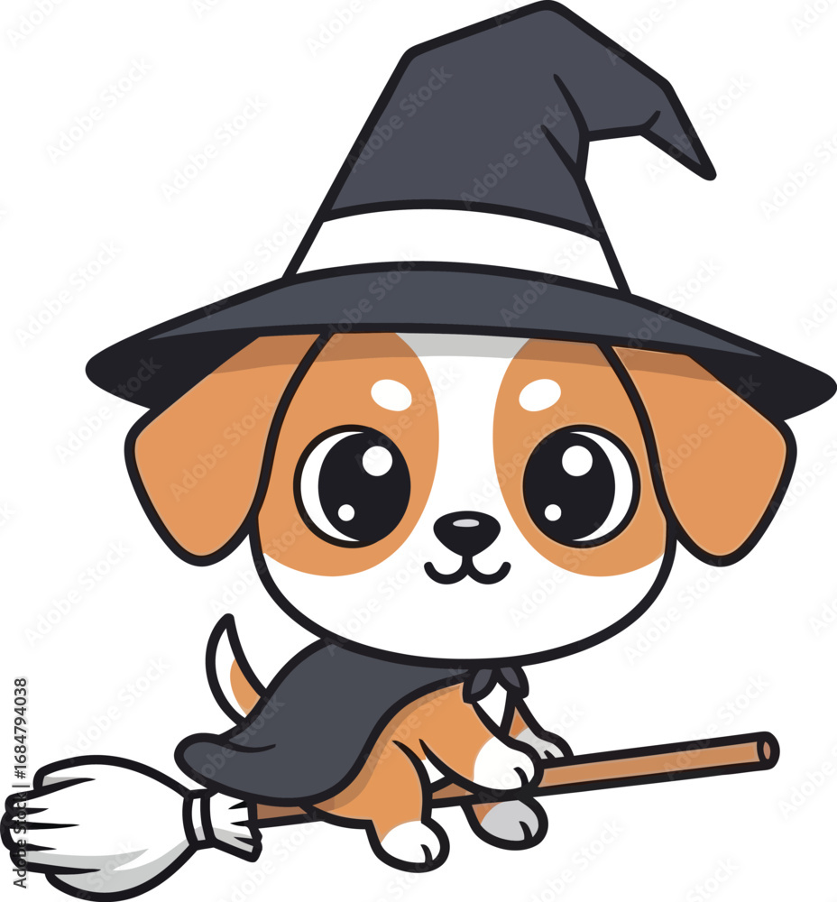 Obraz premium Adorable puppy dressed as a witch flying on a broomstick for halloween celebrations vector