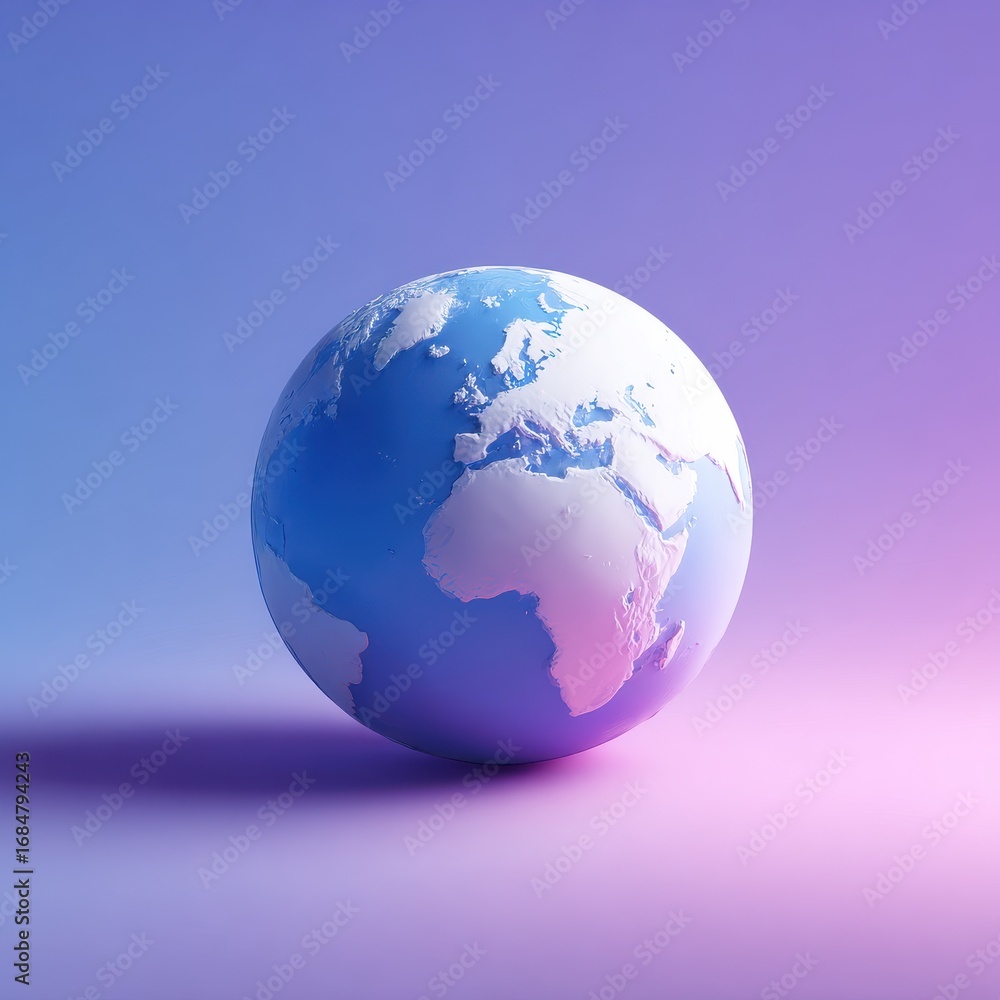 Fototapeta premium Globe illustrated in blue with white continents on a purple background displaying global geography concepts