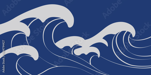 Bold Japanese wave pattern in deep blue and white. Stylized curves with strong flowing lines create a dynamic ocean design for backgrounds and surface prints.