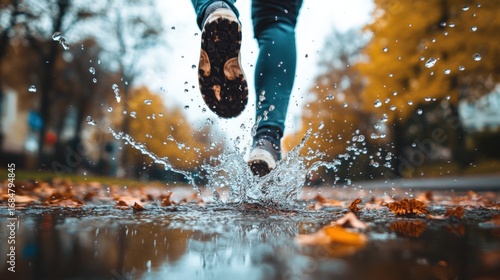 Fototapeta Naklejka Na Ścianę i Meble -  Person splashing through a puddle on a rainy day.