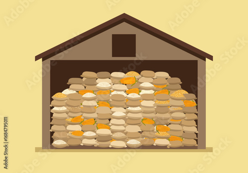 A barn filled with stacked bags some containing corn showcasing agricultural storage