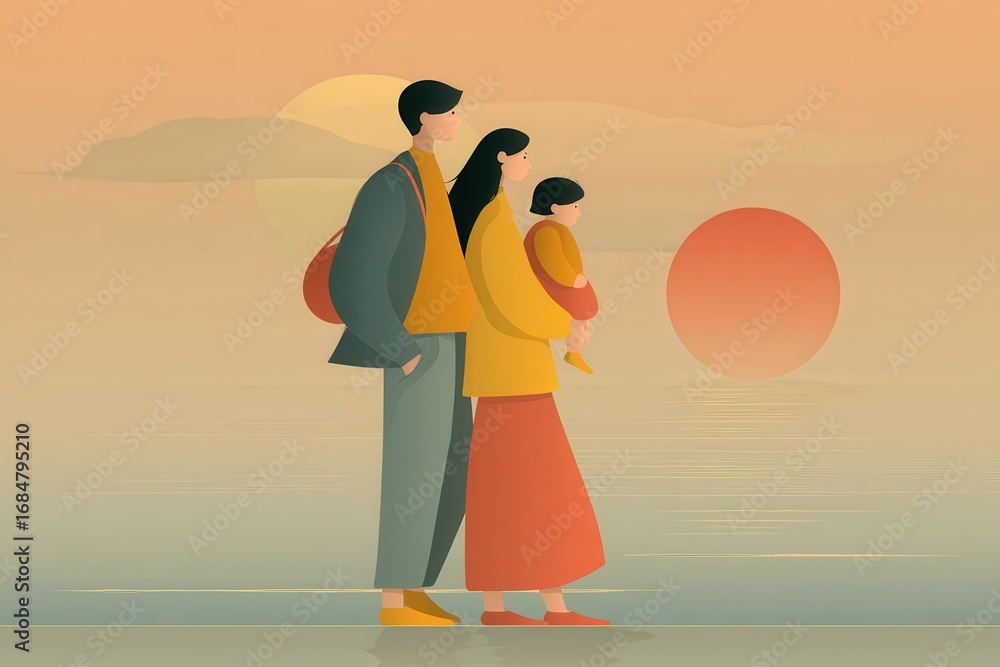 Fototapeta premium Sunset family stroll near the water with a child in serene landscape