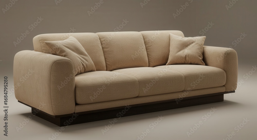 Fototapeta premium A contemporary, beige couch with soft curves and a dark wooden base sits against a neutral backdrop.