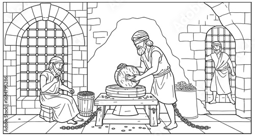 Ancient dungeon scene with prisoners grinding grain