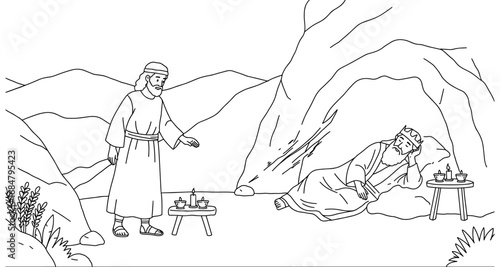 Biblical scene of david and saul in a cave: line art depiction