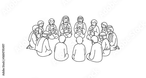 Outline group meditation with diverse participants in circle formation