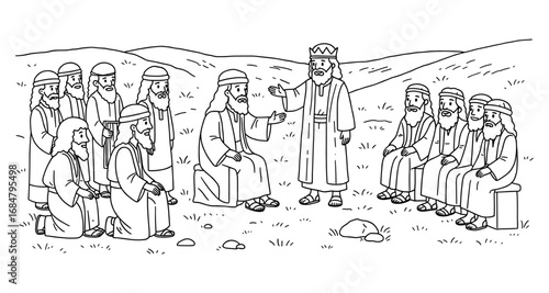 Biblical gathering scene with jesus and disciples in countryside setting