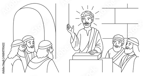 Jesus teaching disciples in linear biblical scene