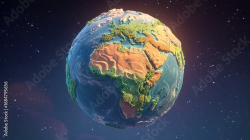 Colorful 3D representation of Earth showcasing continents, oceans, and diverse landscapes in vibrant hues