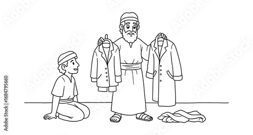 Biblical scene with ancient clothing choices in black and white line art