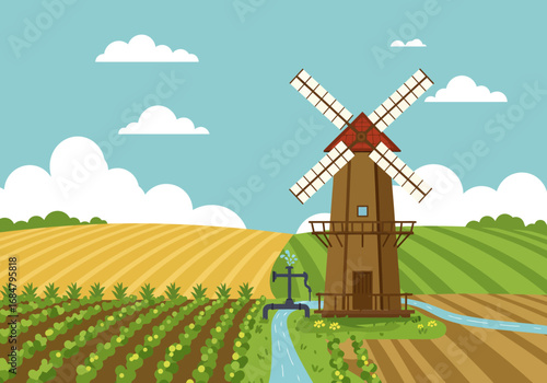 A windmill stands by irrigated crops in a stylized rural landscape