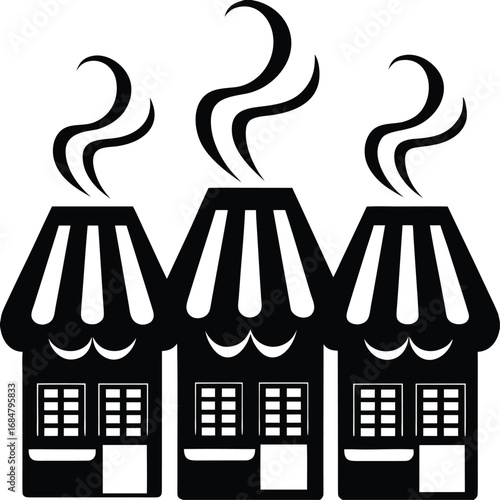 Three cartoon shops with smoky chimneys symbolizing cozy warmth and business activity vector