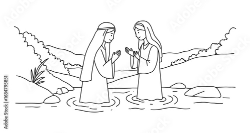 Jesus baptism outline drawing with jordan river scene