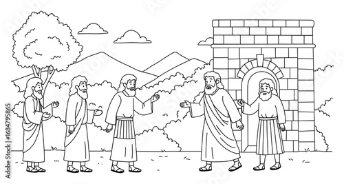 Biblical figures in countryside landscape with ancient stone archway