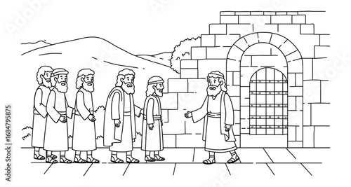Biblical scene of jesus and disciples in line art style discussing at ancient gate