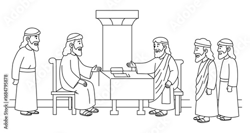 Biblical scene outline featuring jesus teaching at the temple in linear style