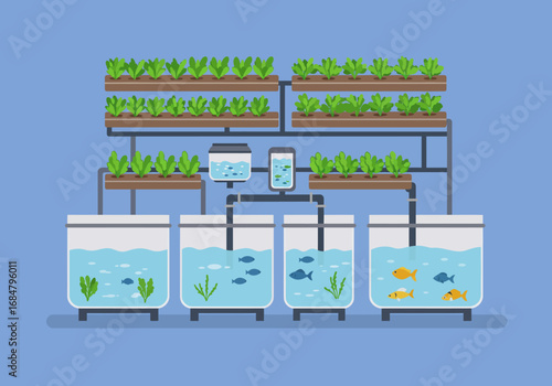 Aquaponic setup featuring fish tanks  elevated crops in an interconnected closedloop system against a blue background