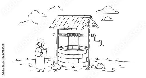 Hand drawn country scene of woman by water well with clouds