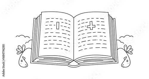 Open book with dotted lines and symbols in simple black and white design