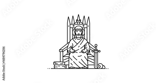 Medieval king sitting on throne with sword in simple outline art