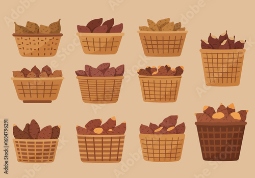 Baskets full of tubers A collection of woven baskets filled with brown and purple root vegetables
