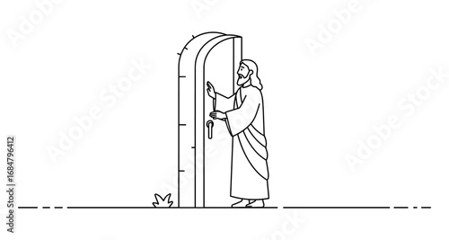 Jesus knocking at door in minimalist line art style