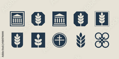 Collection of Minimalist Icons Architecture, Wheat, and Symbolic Designs