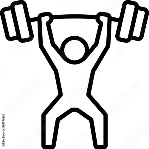 Simple line icon of a weightlifter lifting a heavy barbell overhead, a vector symbol for fitness and strength training.