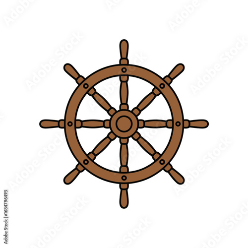 Classic Wooden Ship's Wheel Hand-Drawn Illustration Representing Nautical Travel, Maritime Navigation, and Journey Concepts with Steering Control.