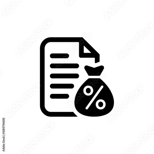 Vector icon of a loan agreement or financial document with a money bag representing interest rates, taxes, or credit.