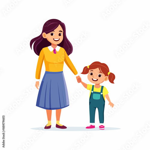 A loving mother holding her happy daughter's hand, a beautiful illustration of family bonding and care
