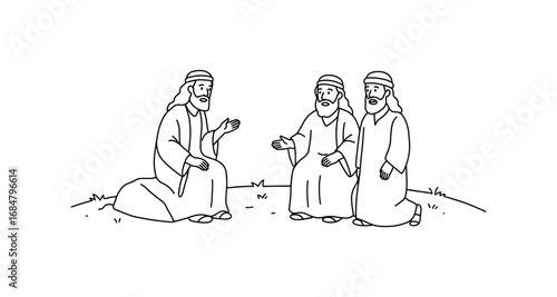 Ancient figures in discussion: minimalist line art in historical setting