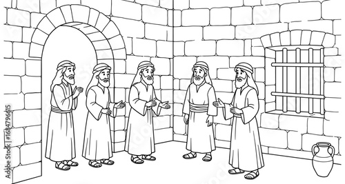 Biblical scene with men in traditional robes inside ancient stone building