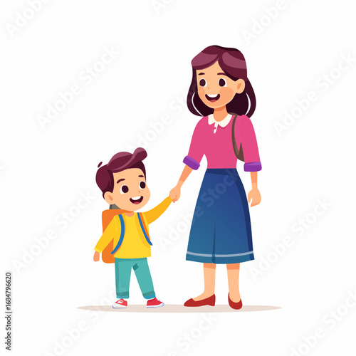 A mother and her son are walking together holding hands, with the son carrying a backpack, suggesting they are going to school or on an outing
