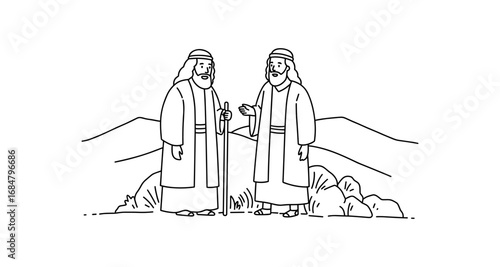 Biblical characters in conversation amidst desert landscape