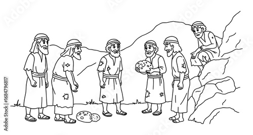 Biblical scene of jesus feeding the multitude in line art style