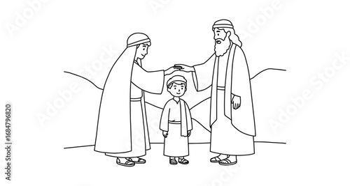 Family blessing scene in traditional attire with simple outlines